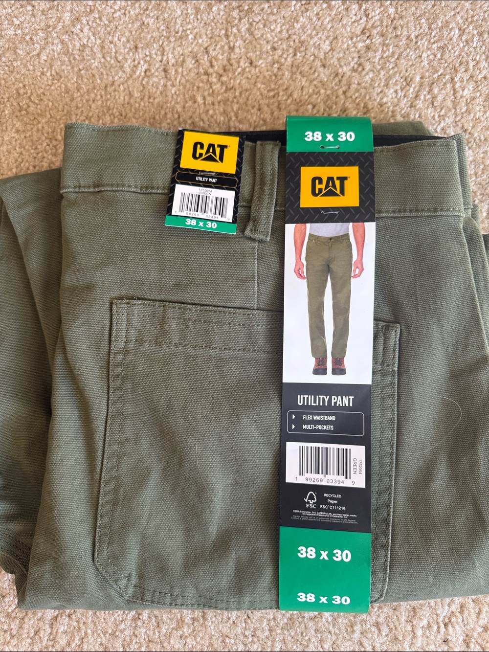 NWT CAT Olive Green Men's Work Pants Size 38 x 30